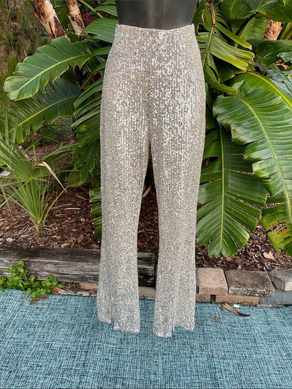 metallic silver sequin flare pants